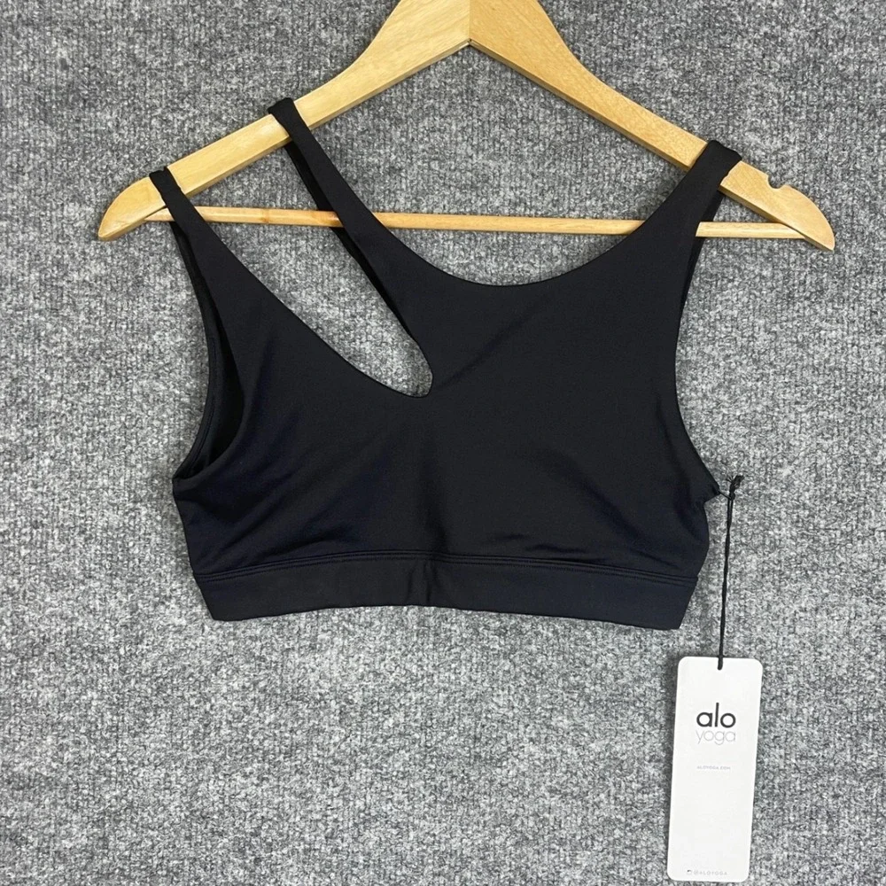 NEW Alo Yoga Peak Bra Womens Size S Black New Slash Out Cutout Crop Top